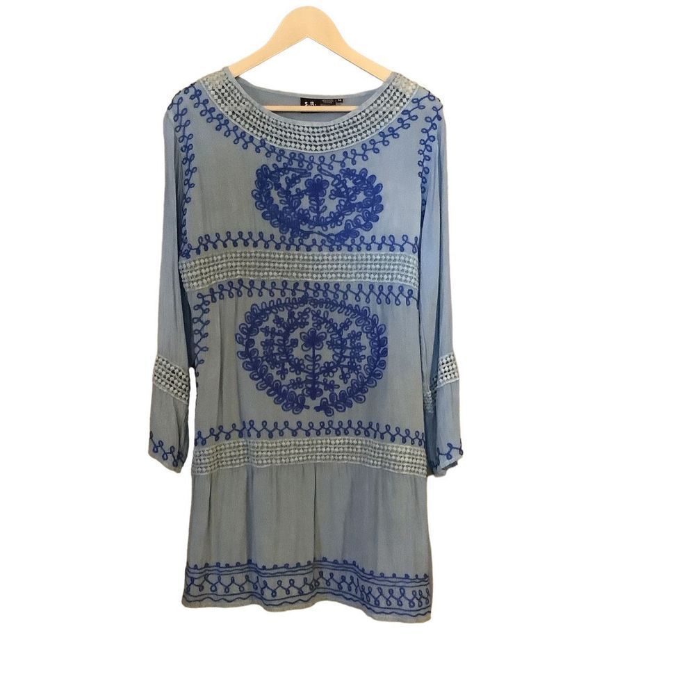 S R Fashion Blue Tunic Style Top with Embroidered Designs size Medium